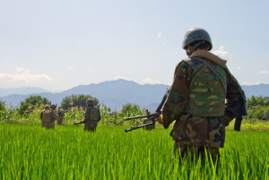 Afghan and US soldiers patrol in Sabari, Afghanistan.